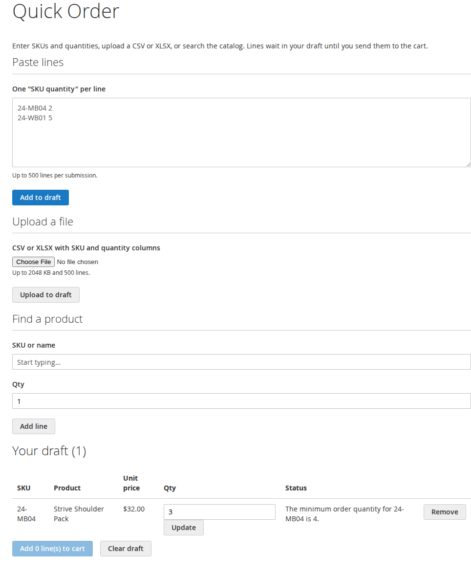 Quick Order with a draft line refused because it is below the company's minimum order quantity