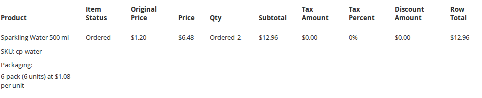 An order line sold as a 6-pack in the admin, with its Packaging row under the product name