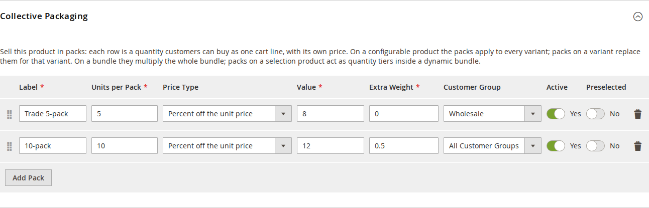 The Collective Packaging fieldset of a product in the admin, with two pack rows, one of them limited to the Wholesale group