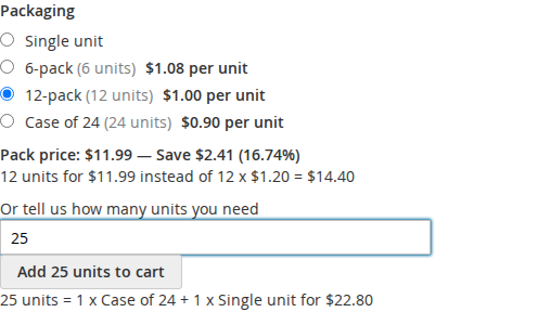 The units panel of a product page with 25 typed in and the proposed combination of one case of 24 and one single unit
