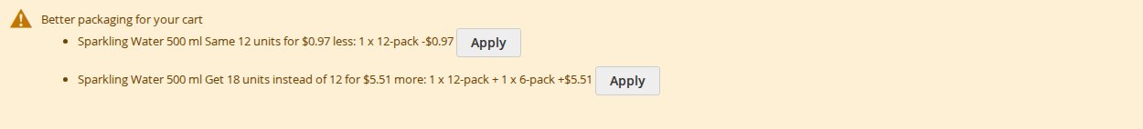 The cart's offer to repackage two 6-packs as one 12-pack for less, with an Apply button