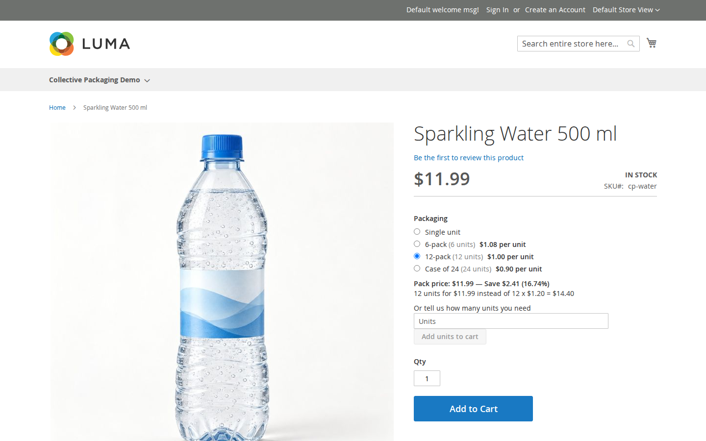 The product page of a bottle of water offering a single unit, a 6-pack, a 12-pack and a case of 24, each with its price per unit, the 12-pack preselected and its price worked out underneath