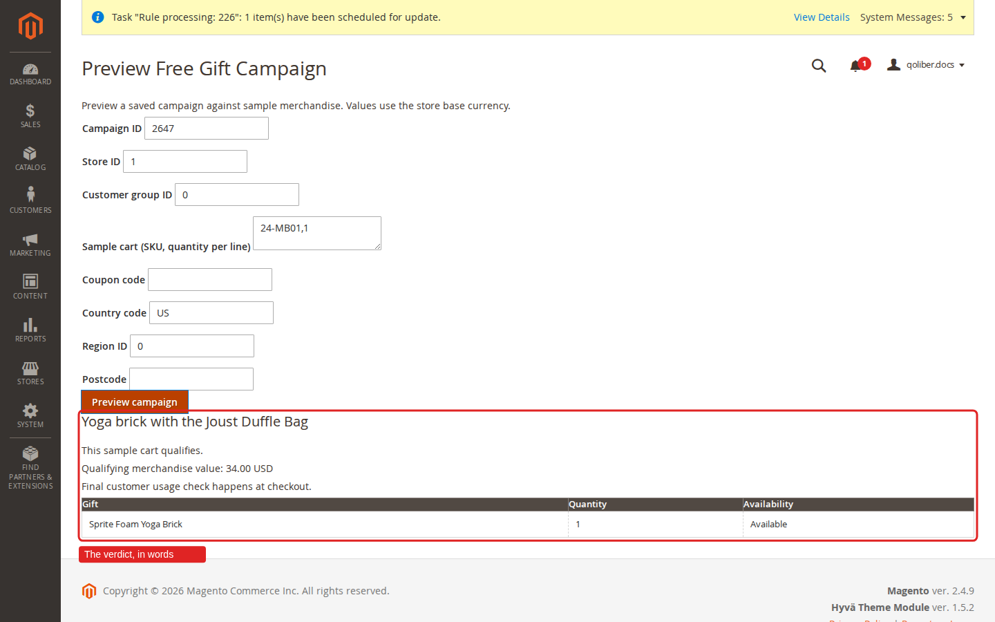 The campaign preview explaining why a sample cart qualifies