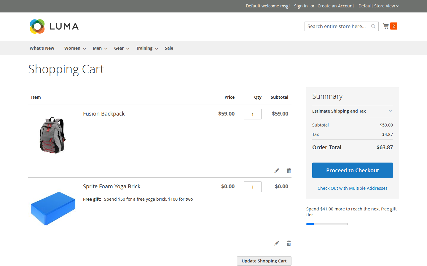 The spend-tier progress bar in the cart