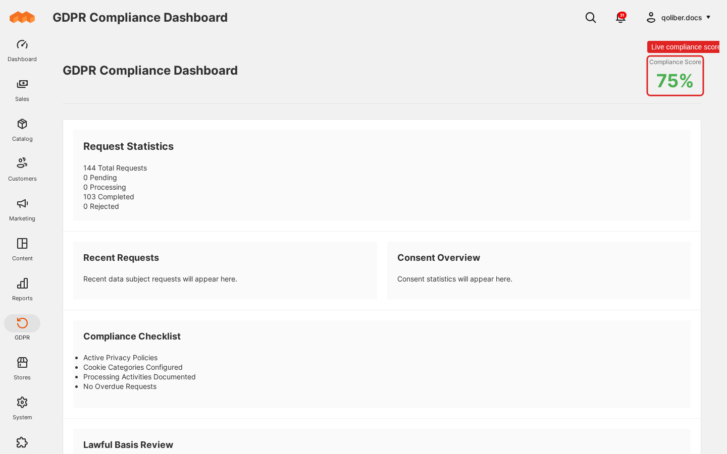 GDPR compliance dashboard in the Magento admin