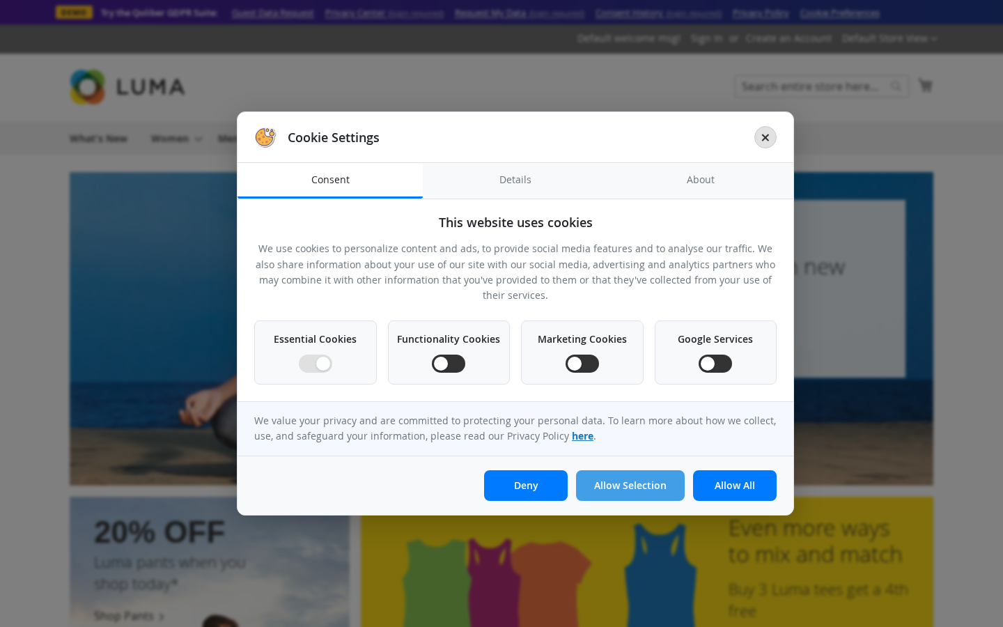 Cookie consent banner on the storefront