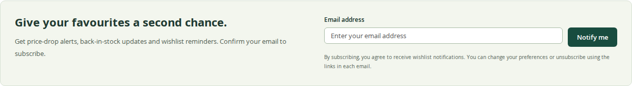 The alerts sign-up block on the wishlist page, where the shopper enters the address to confirm