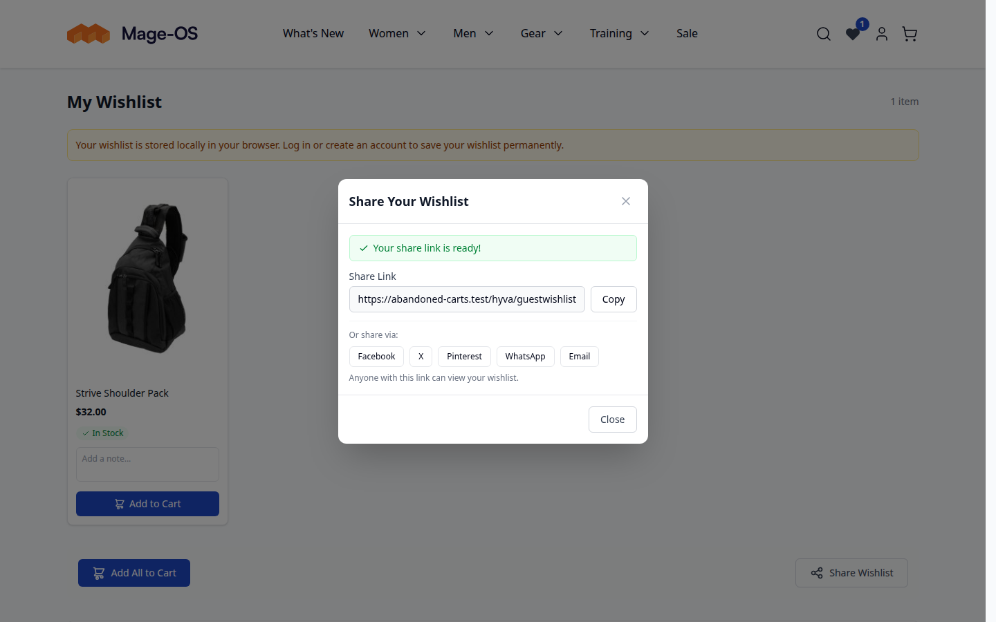 The share modal after Create Share Link on Hyvä: the link, Copy and the social buttons