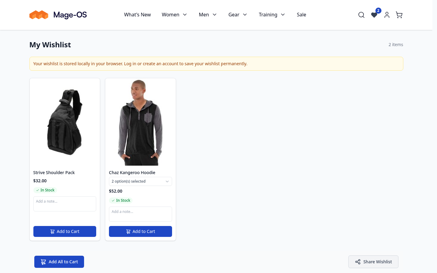 Guest wishlist page on the Hyvä storefront