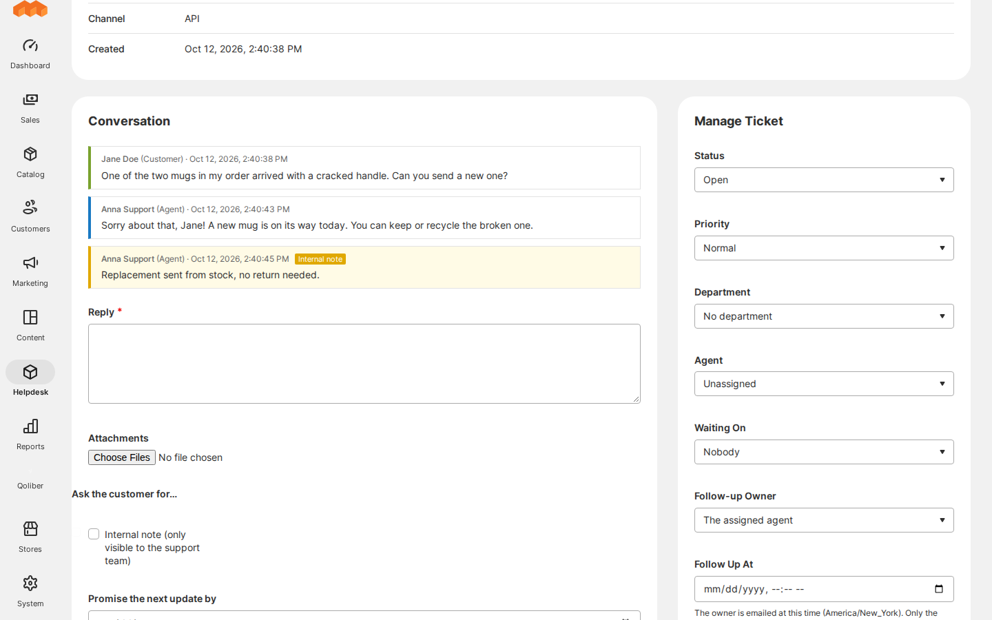 The admin ticket page: the conversation with a reply and an internal note, next to Manage Ticket