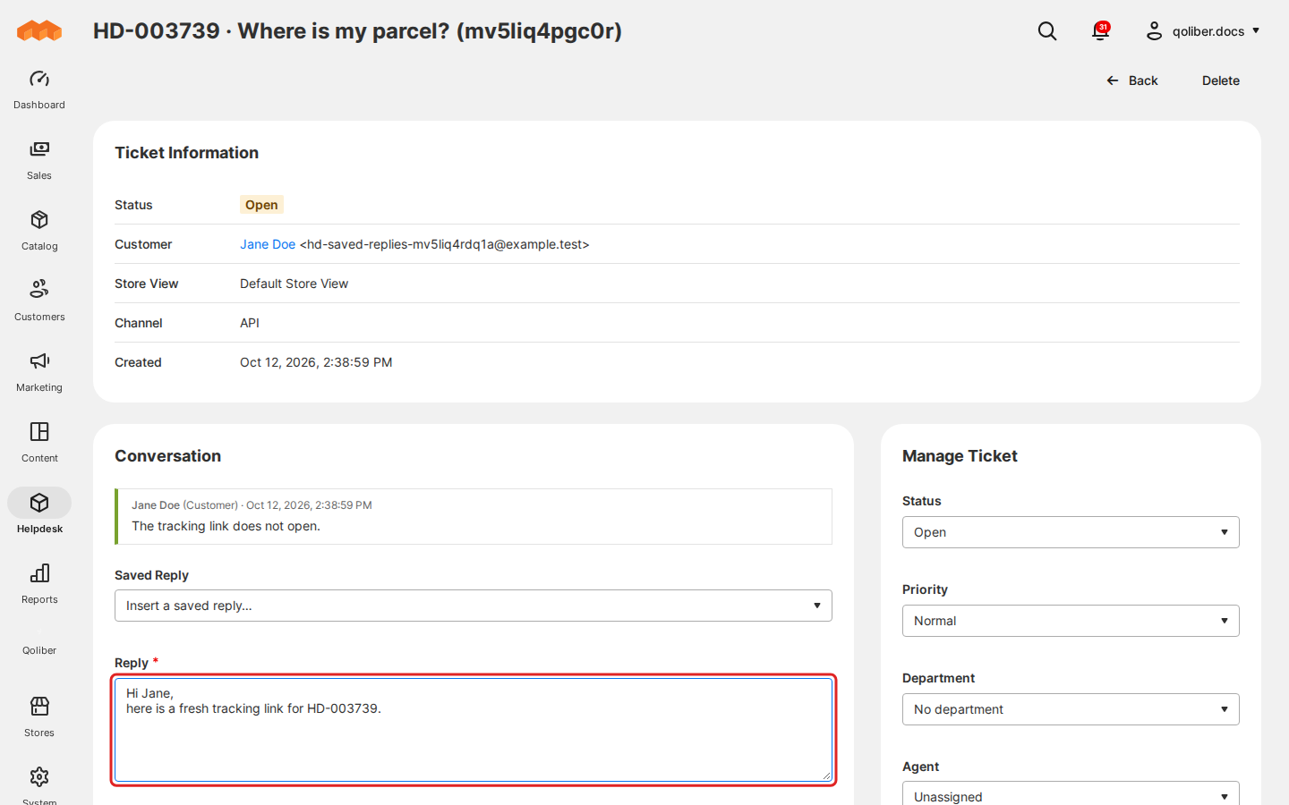 The reply field with a saved reply inserted: the customer's first name and the reference are filled in