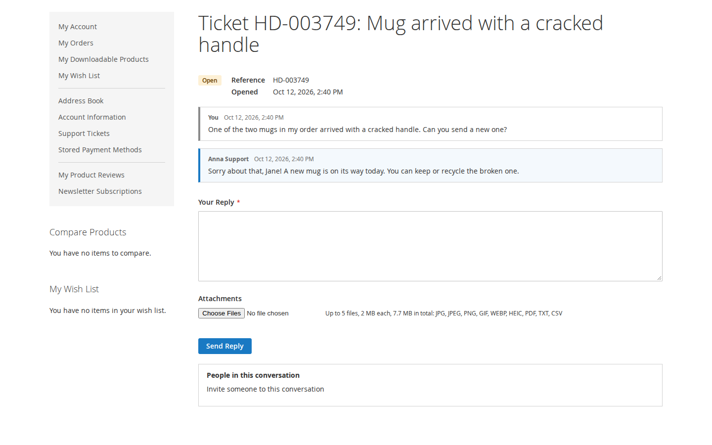 A customer's ticket page in My Account: the question, the team's answer and the reply form