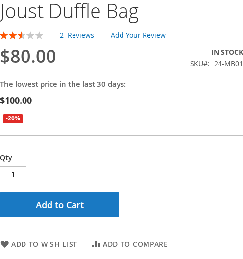 Product page: a price reduced from $100 to $80, showing the lowest price of the last 30 days, $100, and a -20% badge