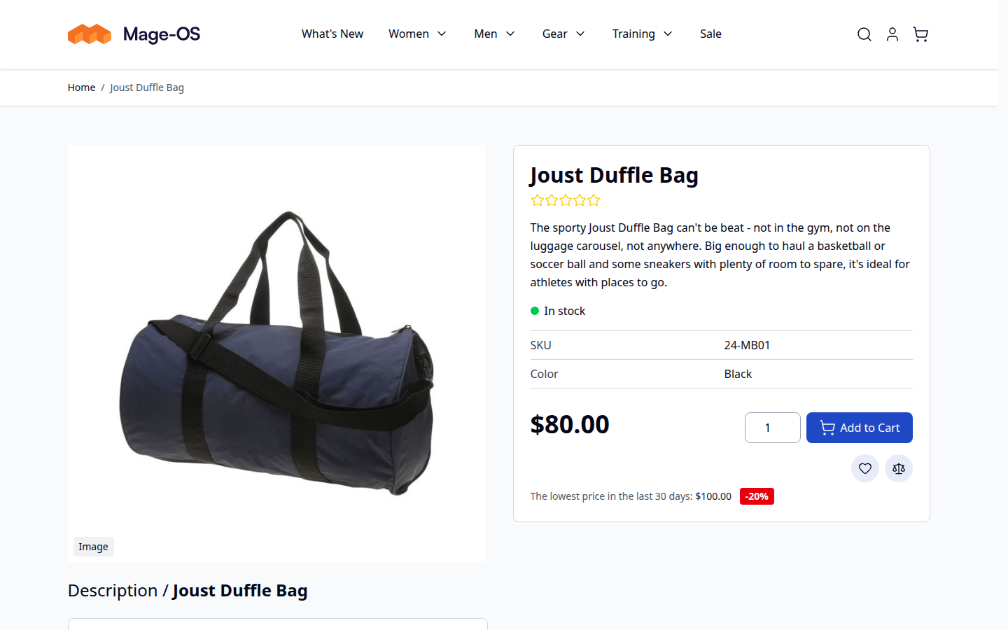 Hyvä product page: the Joust Duffle Bag at $80.00 with "The lowest price in the last 30 days: $100.00" and a -20% badge beneath the add-to-cart row