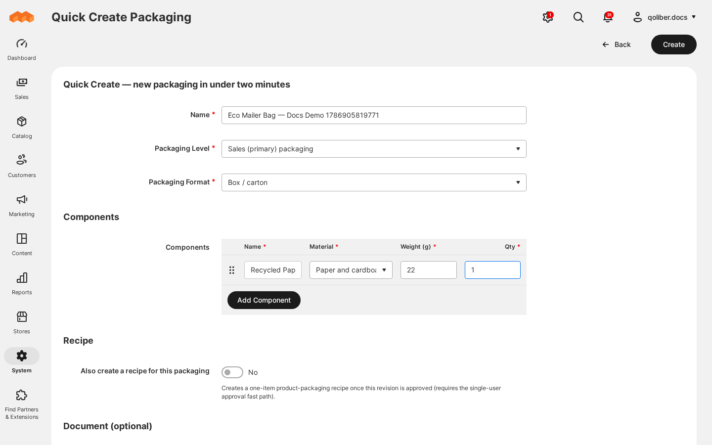 Quick Create: a packaging spec, revision, and components in one submit