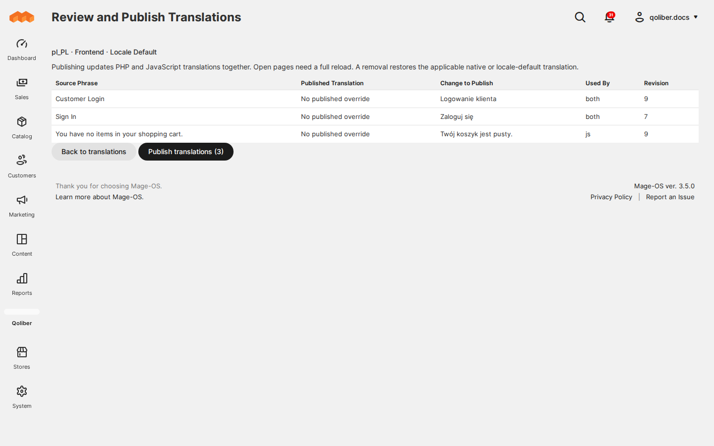 The review screen listing three pending translations with their published value, proposed change and revision