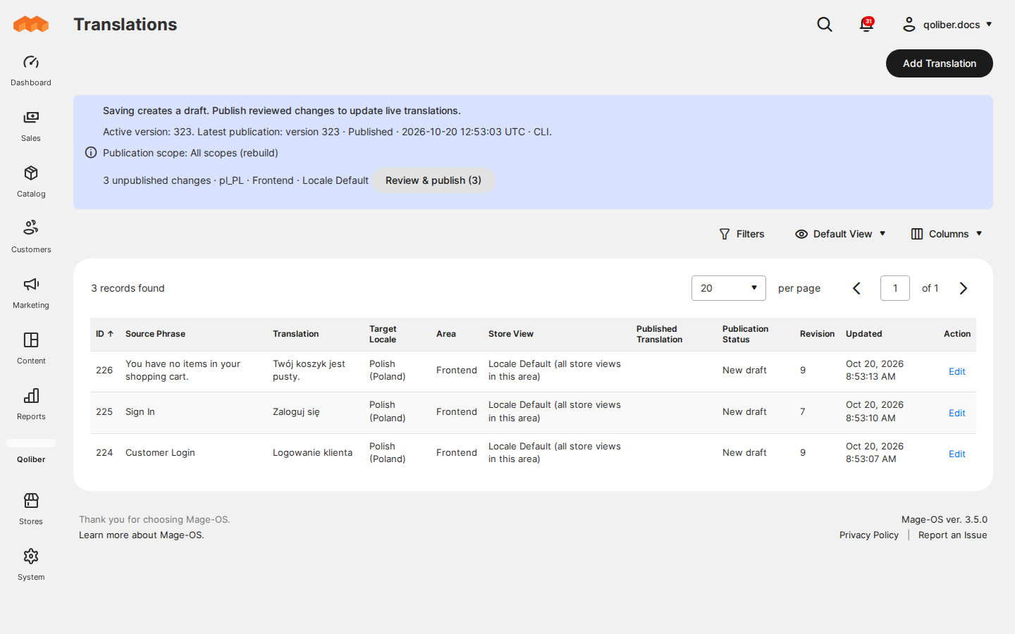 The Translations grid with three new drafts and the publication bar offering Review & publish (3)