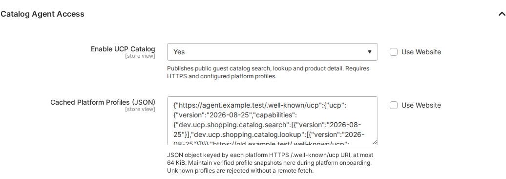 The Catalog Agent Access group with the catalog enabled and platform profiles saved for a store view