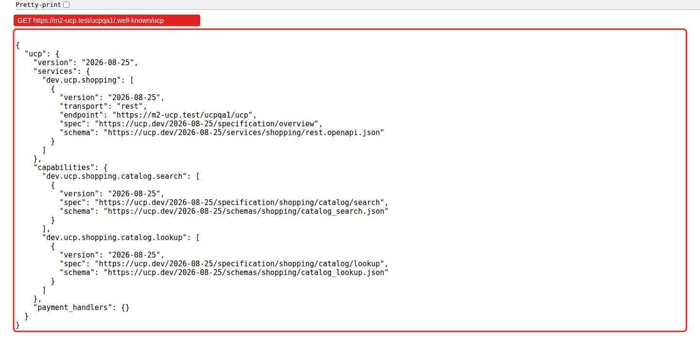 The business profile an agent receives at /.well-known/ucp, formatted for reading